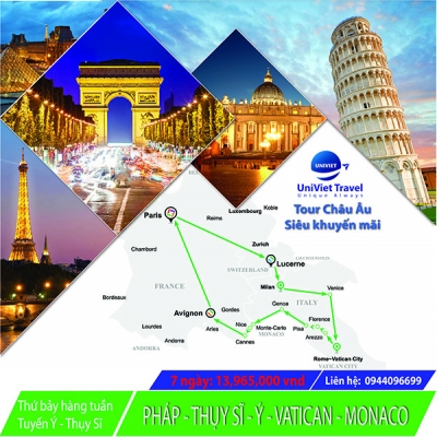 TOUR PHÁP - THỤY SĨ - Ý - VATICAN - MONACO (Tuyến xanh lá)
